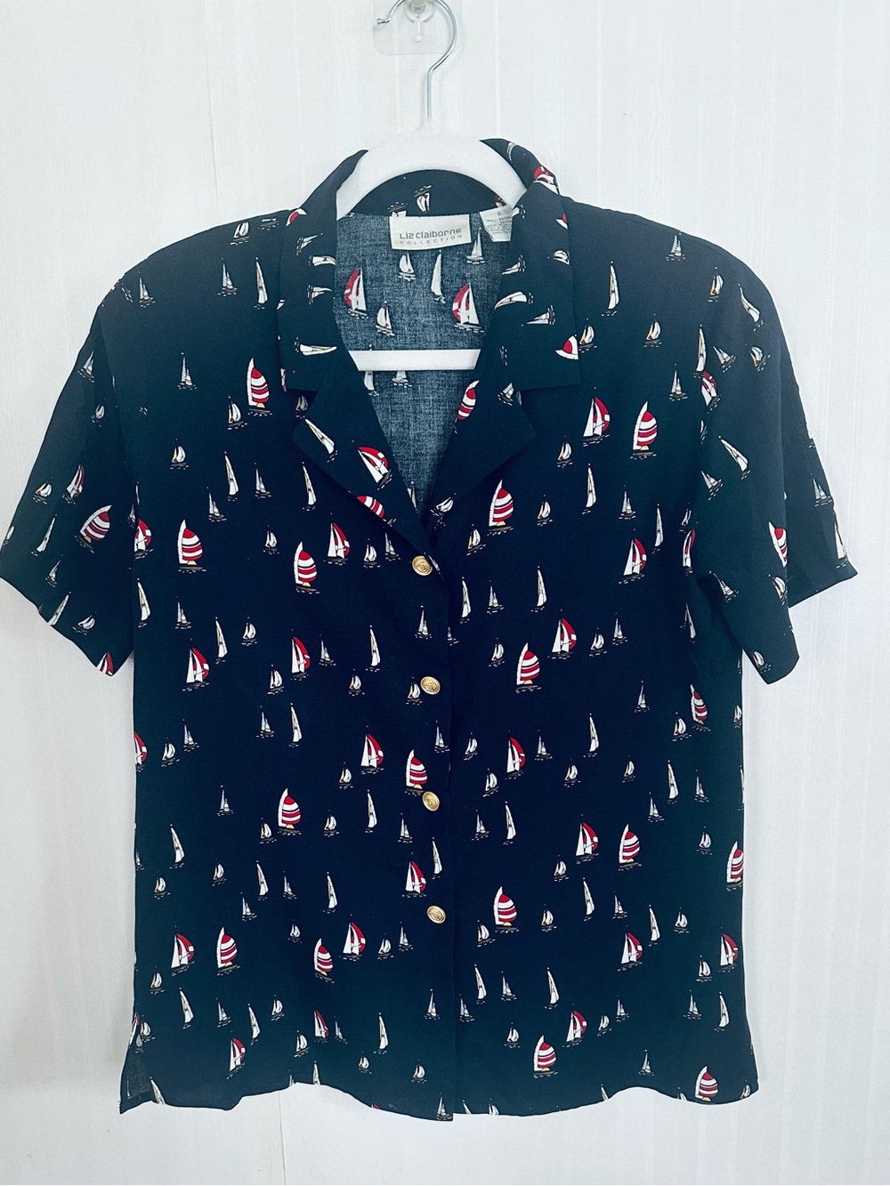 Vintage Liz Claiborne Nautical Navy Sailboats Short Sleeve Shirt Shoulder Pads